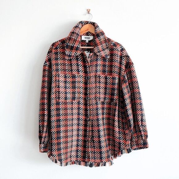 BB Dakota Steve Madden Womens Tweed Jacket Plaid Button Front Orange Large - Picture 1 of 8